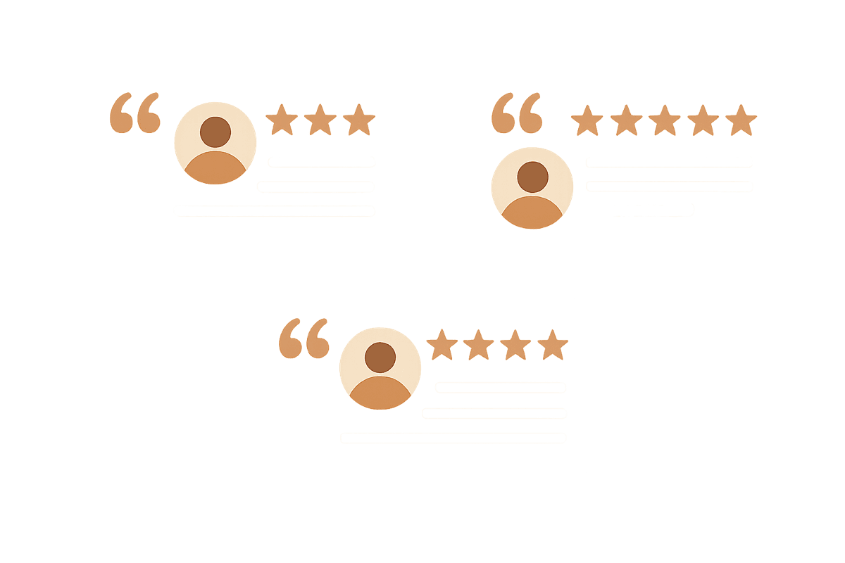 Client testimonial cards with star ratings and quote marks