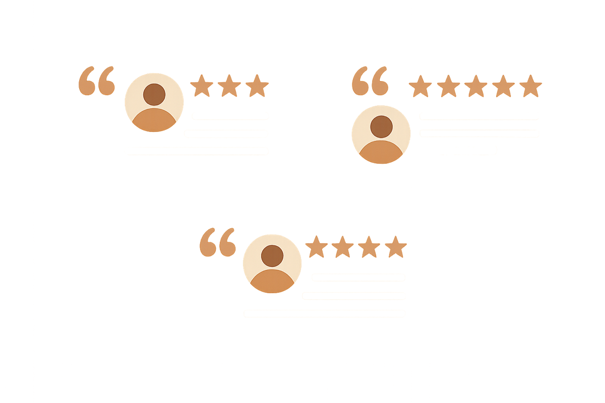Client testimonial cards with star ratings and quote marks