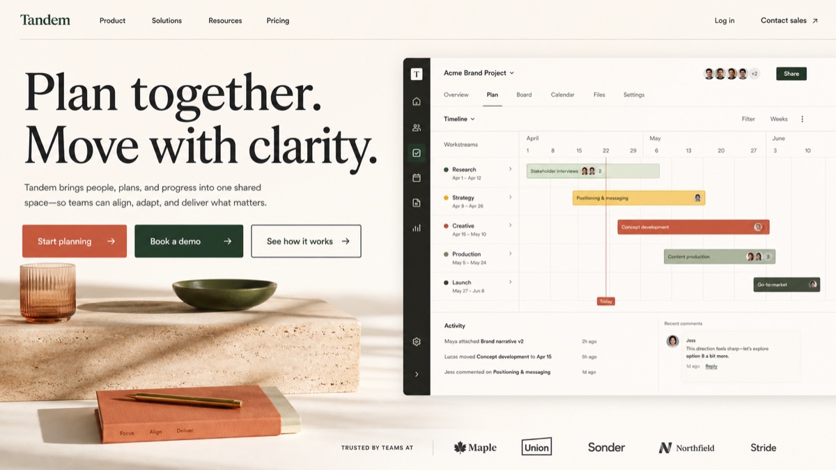 Fictional Tandem planning-product landing page