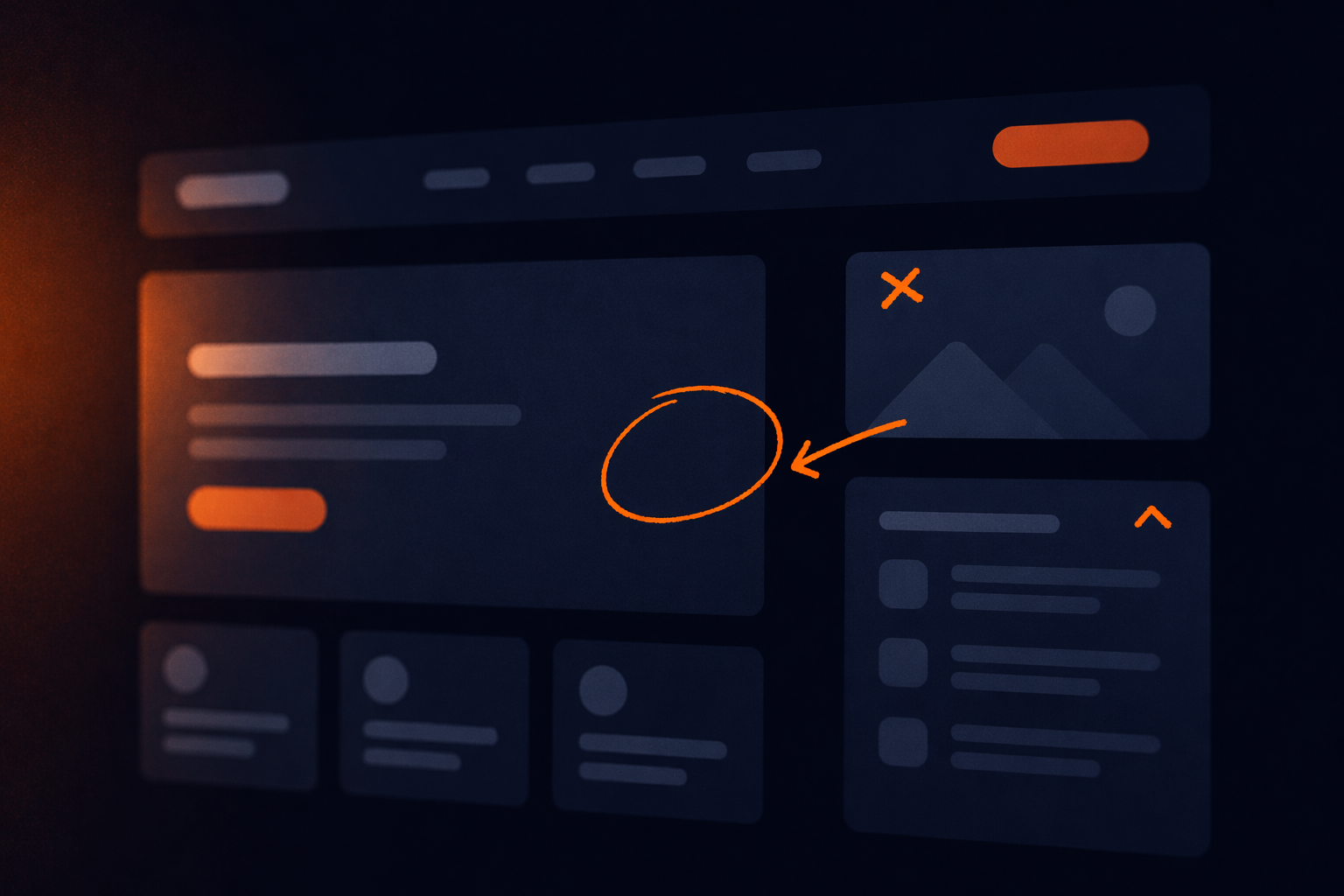 Abstract illustration of AI-generated interfaces being evaluated and refined on a dark background with warm accents