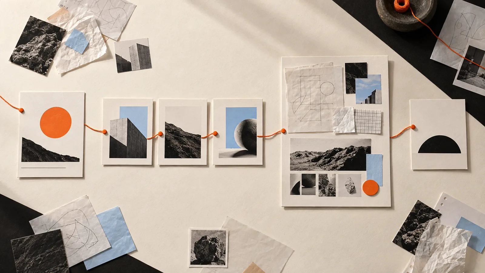 Editorial collage connecting selected projects, case study evidence, and a clear portfolio path