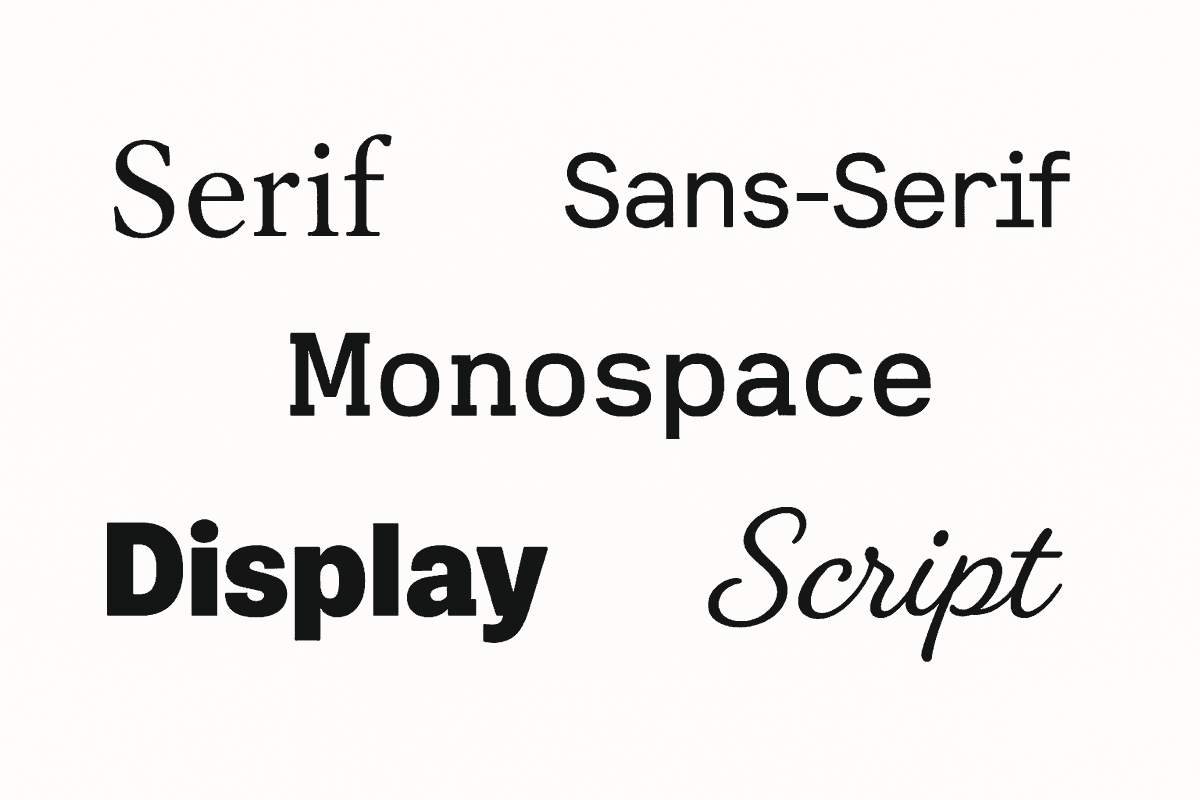 Font categories comparison: Serif, Sans-Serif, Monospace, Display, and Script