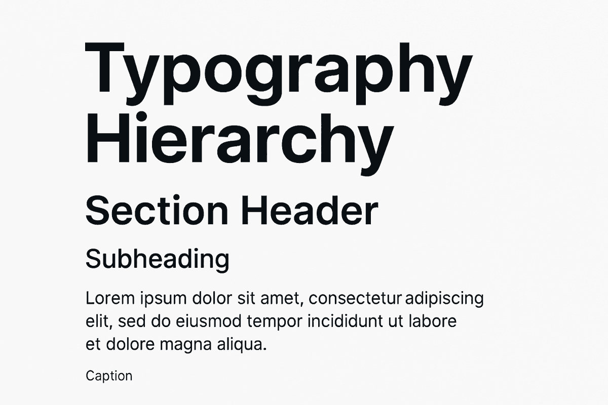 Typography hierarchy example showing H1 title, H2 section header, H3 subheading, body text, and caption