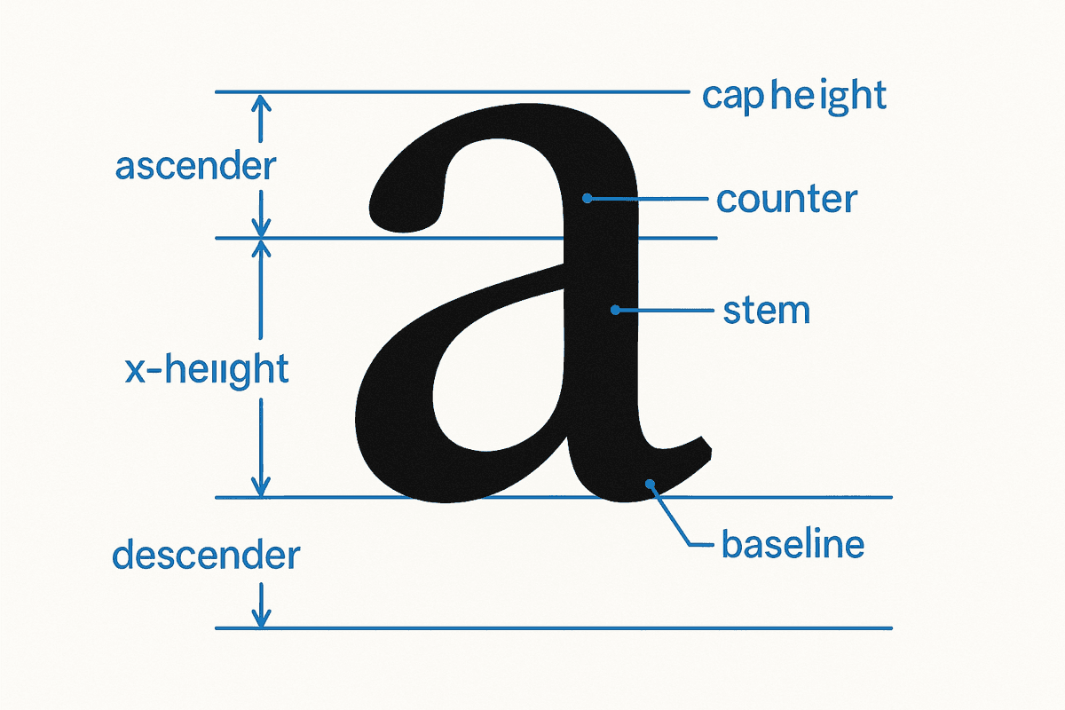 Typography anatomy diagram showing baseline, x-height, cap height, ascender, descender, counter, and stem