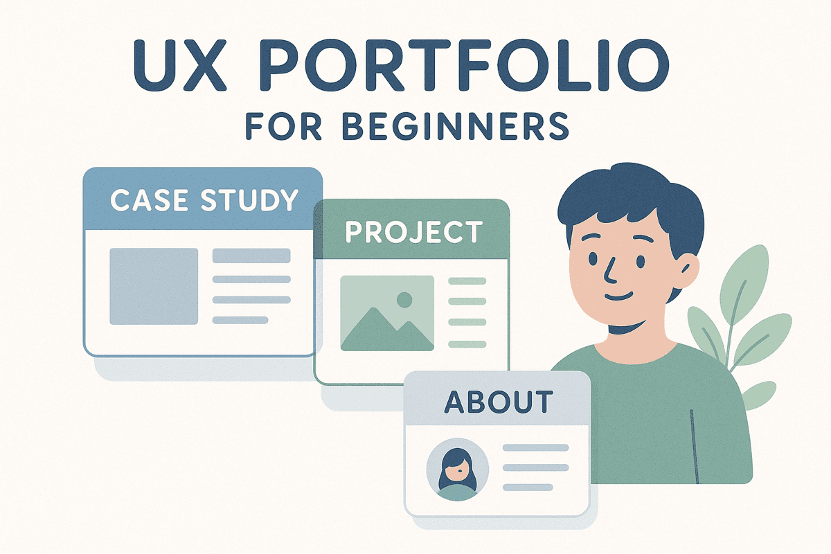 UX Portfolio for Beginners - illustration showing portfolio structure with case studies, about page, and project sections