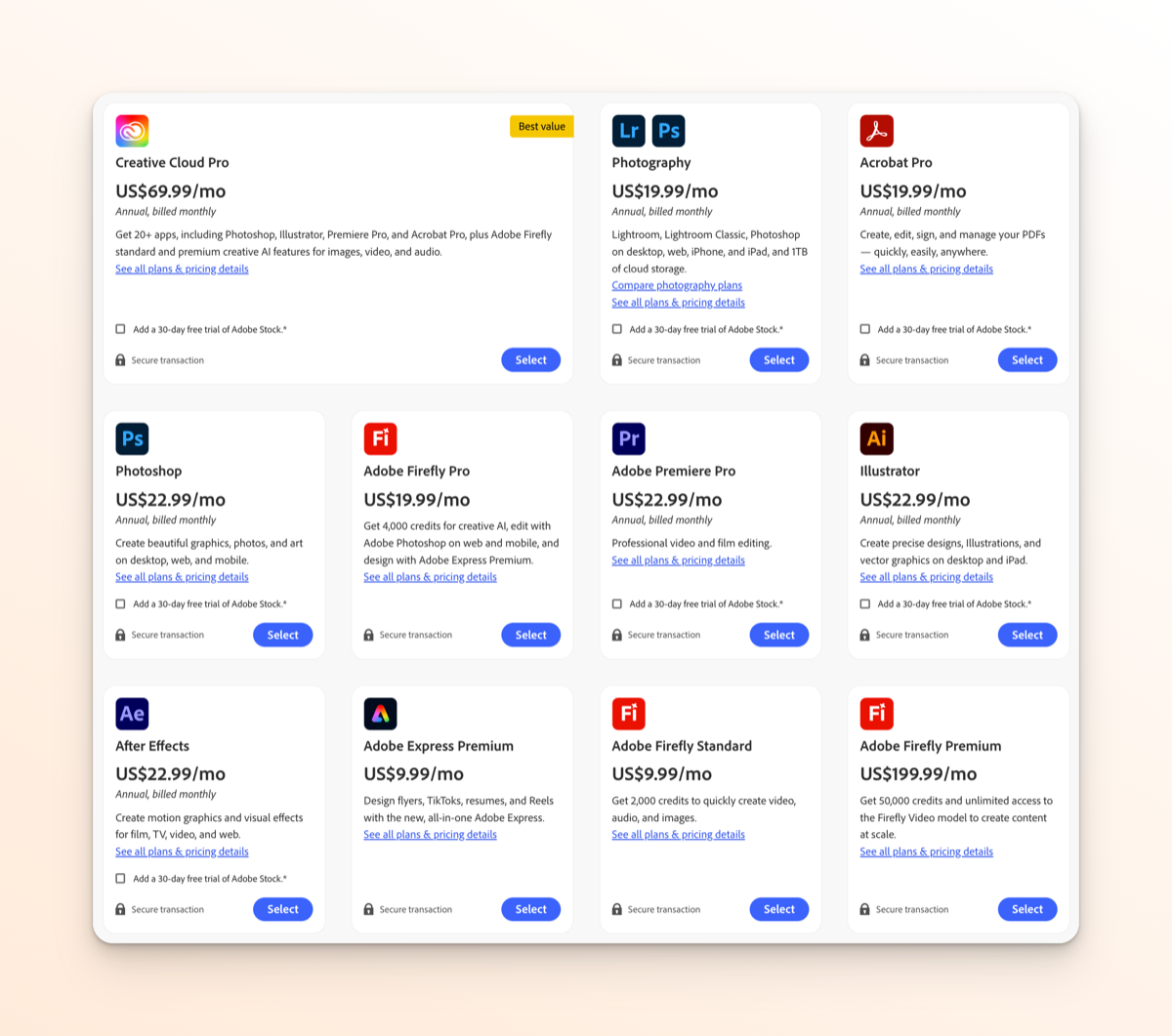 Adobe Creative Cloud 2025 pricing plans and individual app options