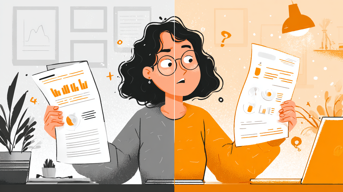 Designer comparing boring vs compelling case study approaches, showing the difference between generic process documentation and story-first narrative structure