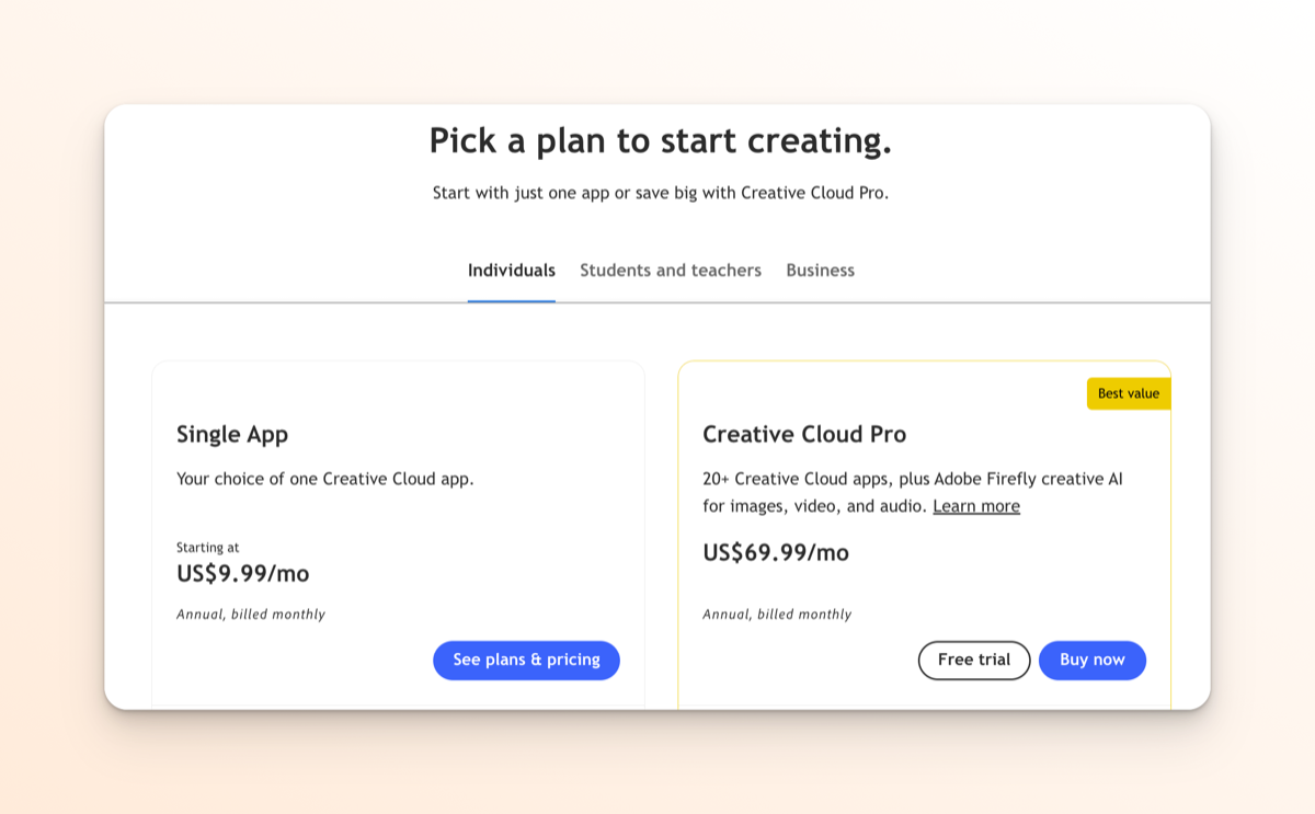 Adobe Creative Cloud Pro pricing comparison and plan details