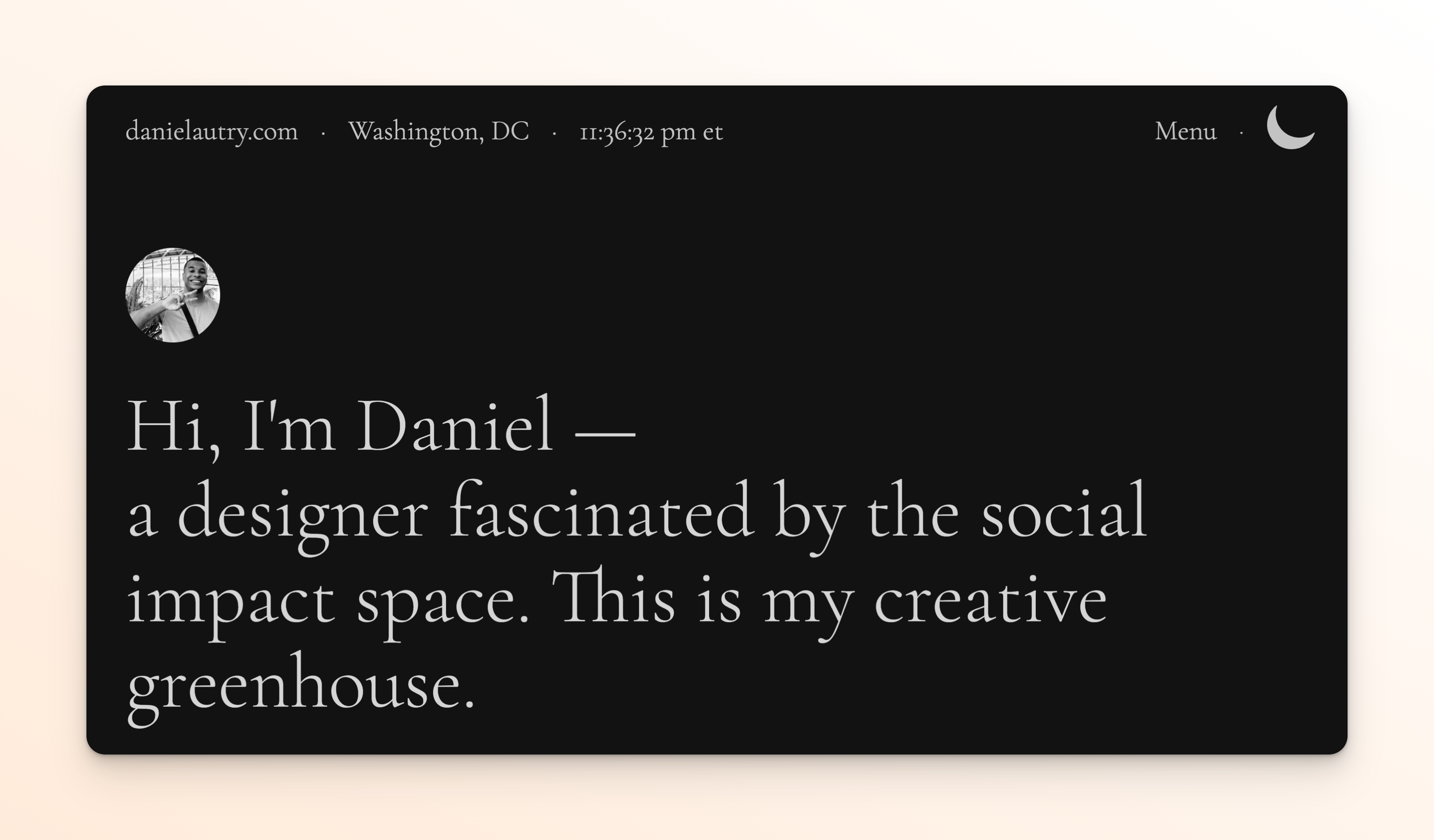 Daniel Autry's portfolio tagline showing his specialization in mental health design