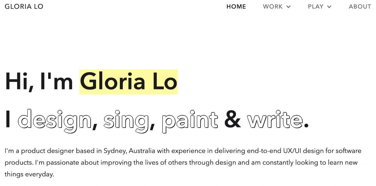 Gloria Lo's portfolio showing her interactive tagline presentation