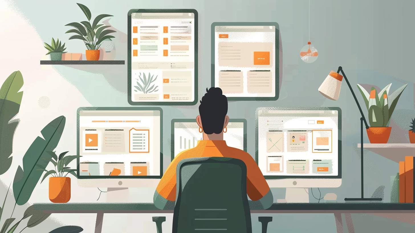 Confused designer at workspace looking at portfolio screens, wondering if their design needs professional review