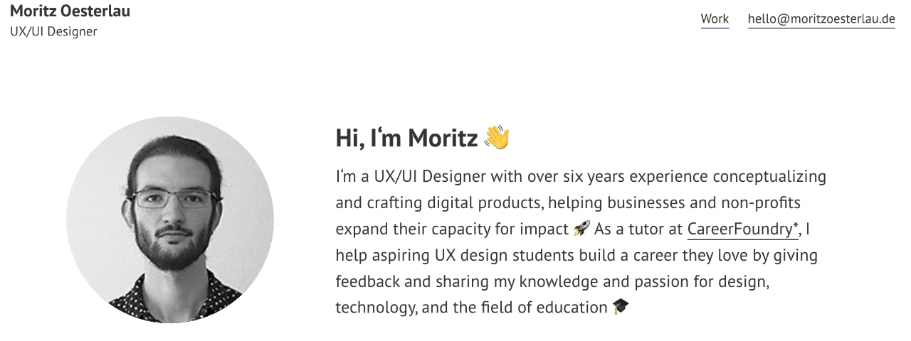 Moritz Oesterlau's portfolio showing his tagline 'Design Dork & Mindfulness Monster'