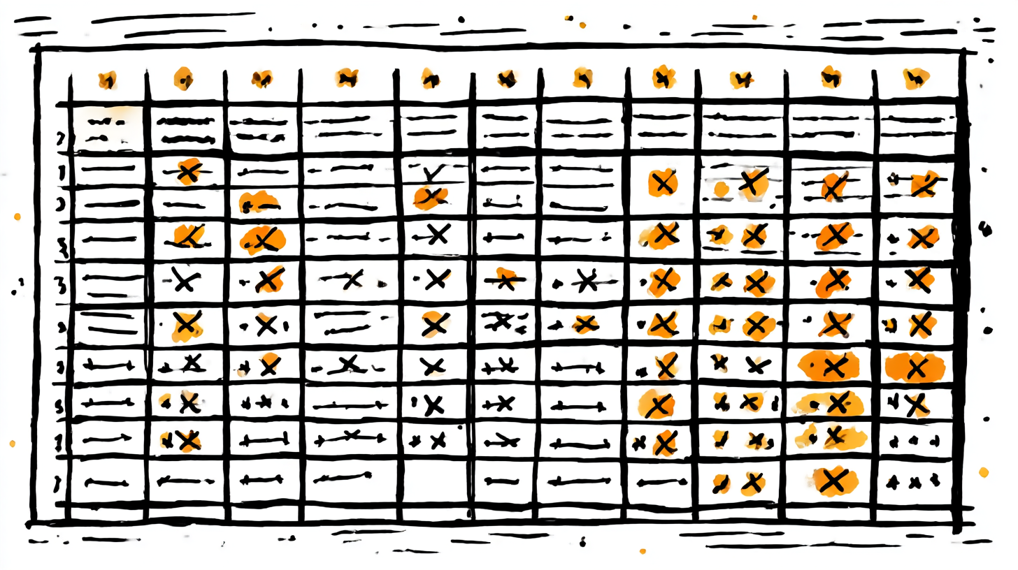 Hand-drawn job application tracking spreadsheet showing mostly rejections and 'no response' entries with few positive outcomes highlighted